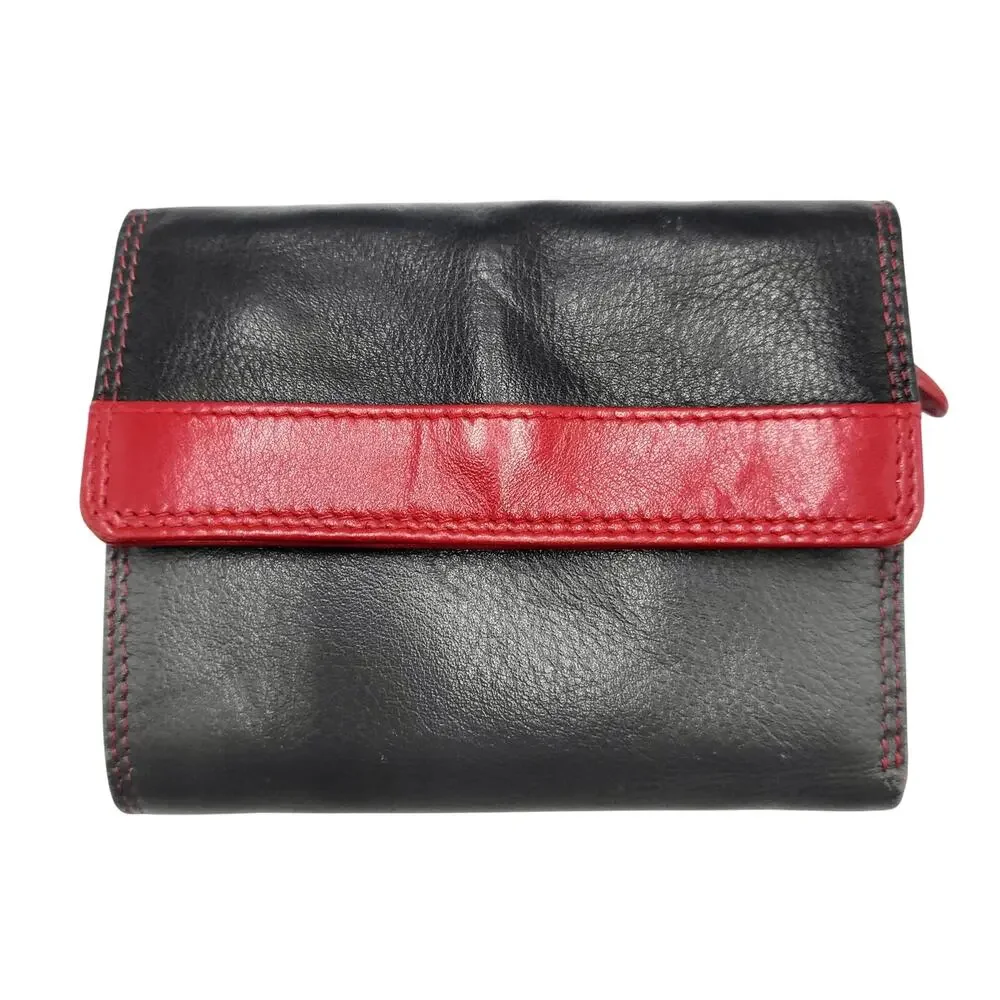 Red Gray & Black Colorblock Genuine Leather RFID Protection Tri-Fold Wallet